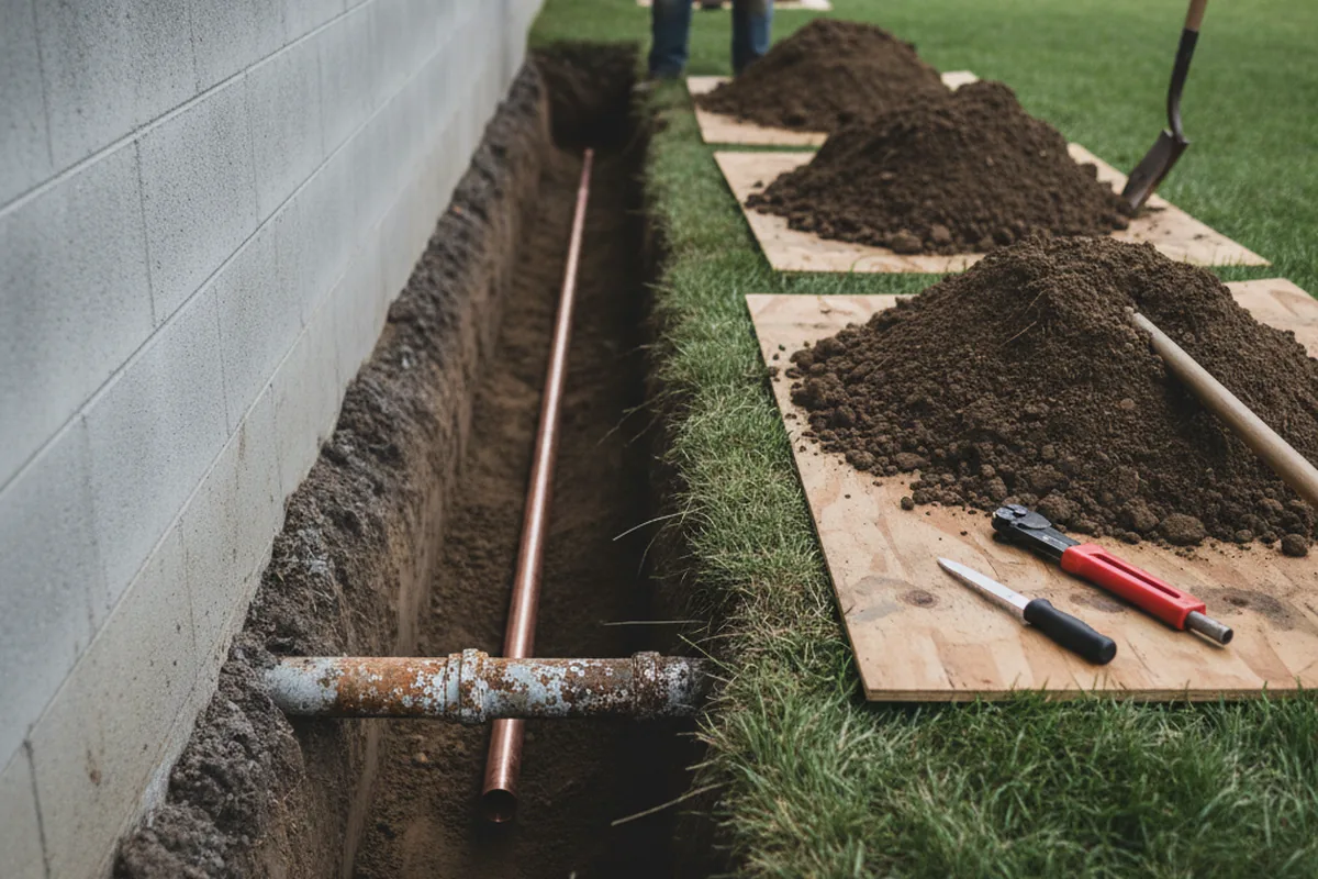 Excavated water line trench during Sewer Line Repair in Okemah